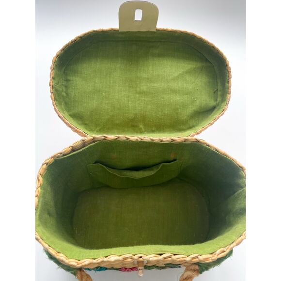 Vintage Straw Basket Top Handle Bag with Colorful Florals - Picture 8 of 16